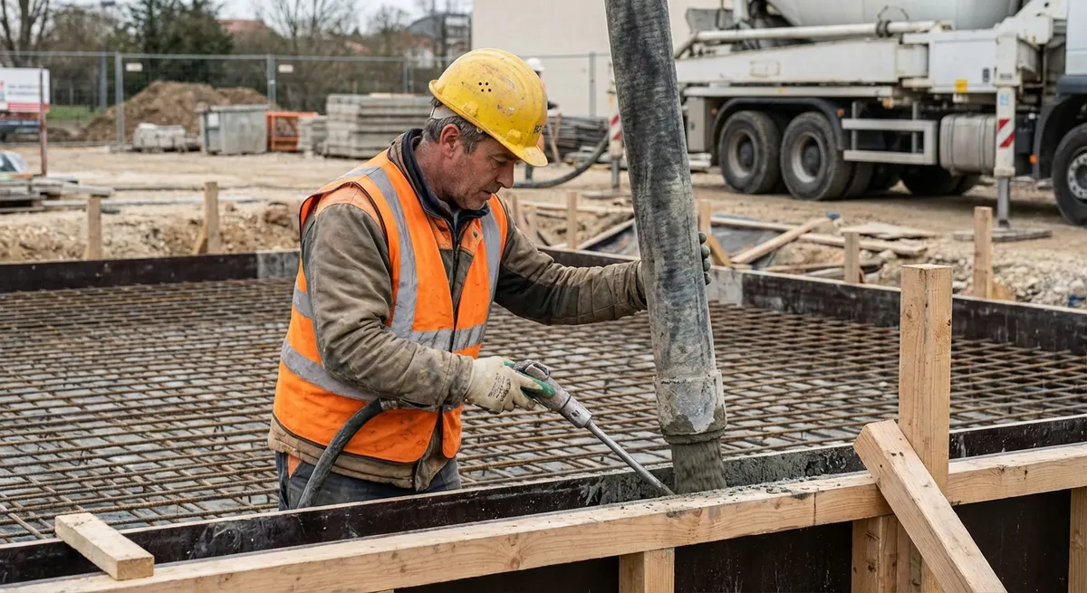 Bétonnier coulant du béton armé sur un chantier de construction