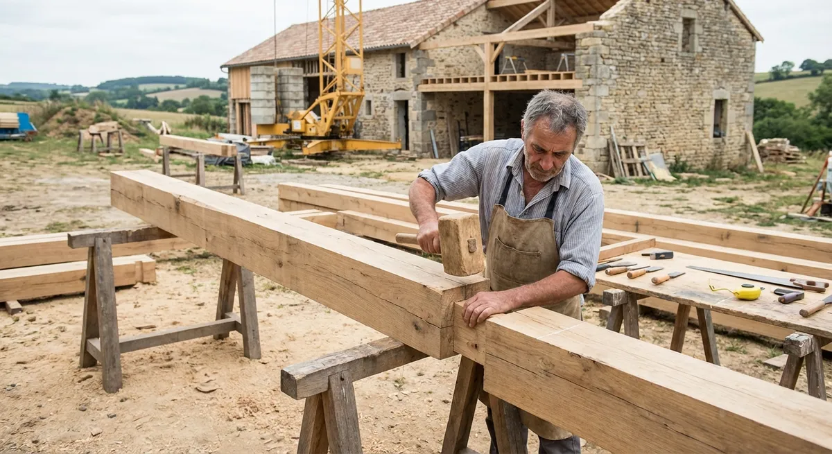 Charpentier assemblant une charpente traditionnelle sur un chantier