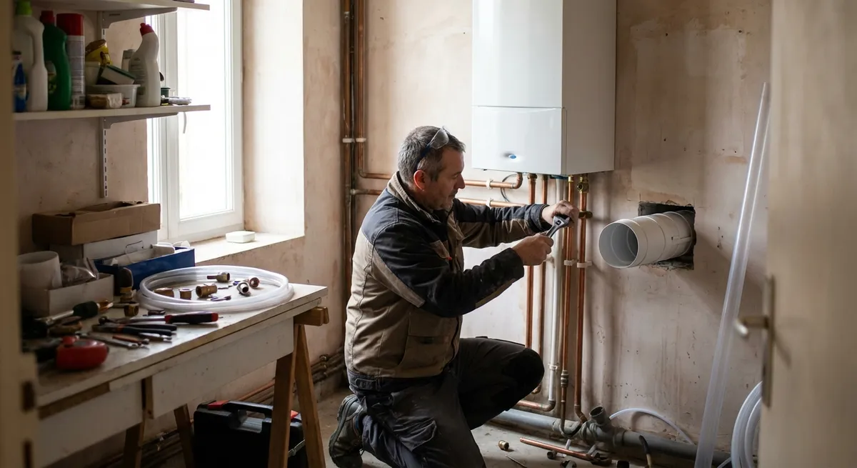 Chauffagiste installant une chaudière gaz sur un chantier