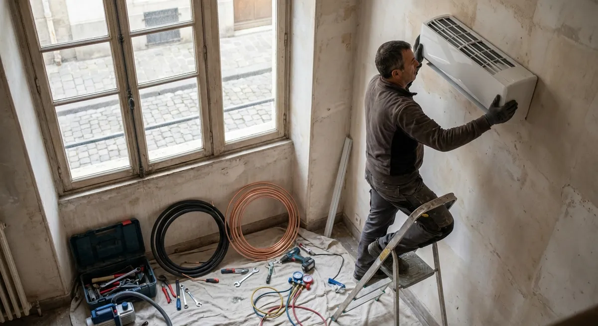Climaticien installant une unité de climatisation sur un chantier