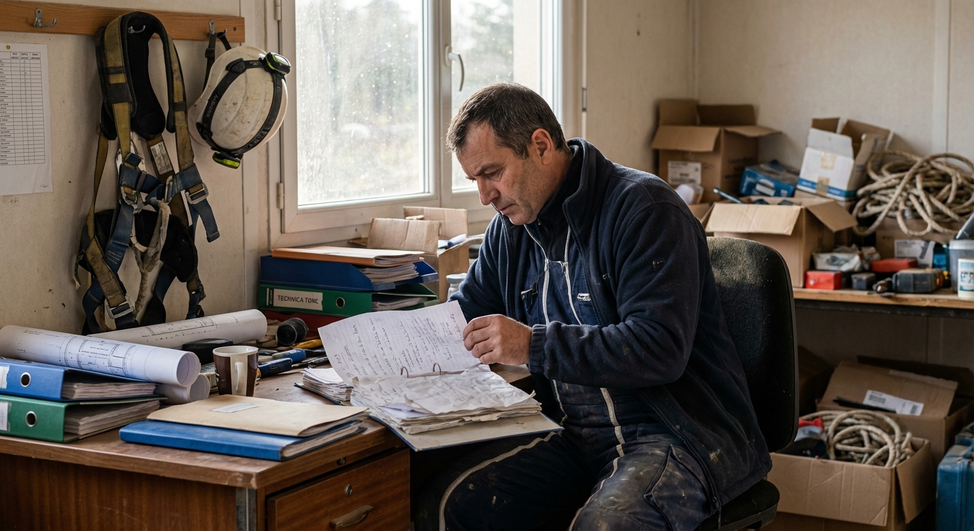 Cordiste vérifiant son attestation décennale avant intervention