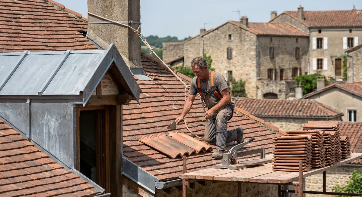 Couvreur posant des tuiles sur une toiture en chantier