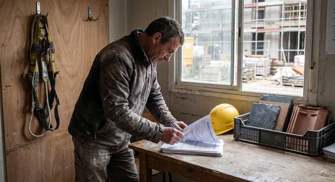 Couvreur consultant son attestation décennale sur un chantier