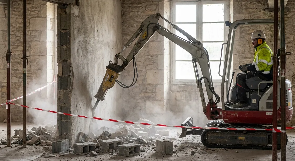 Chantier de démolition mécanique avec engin de déconstruction