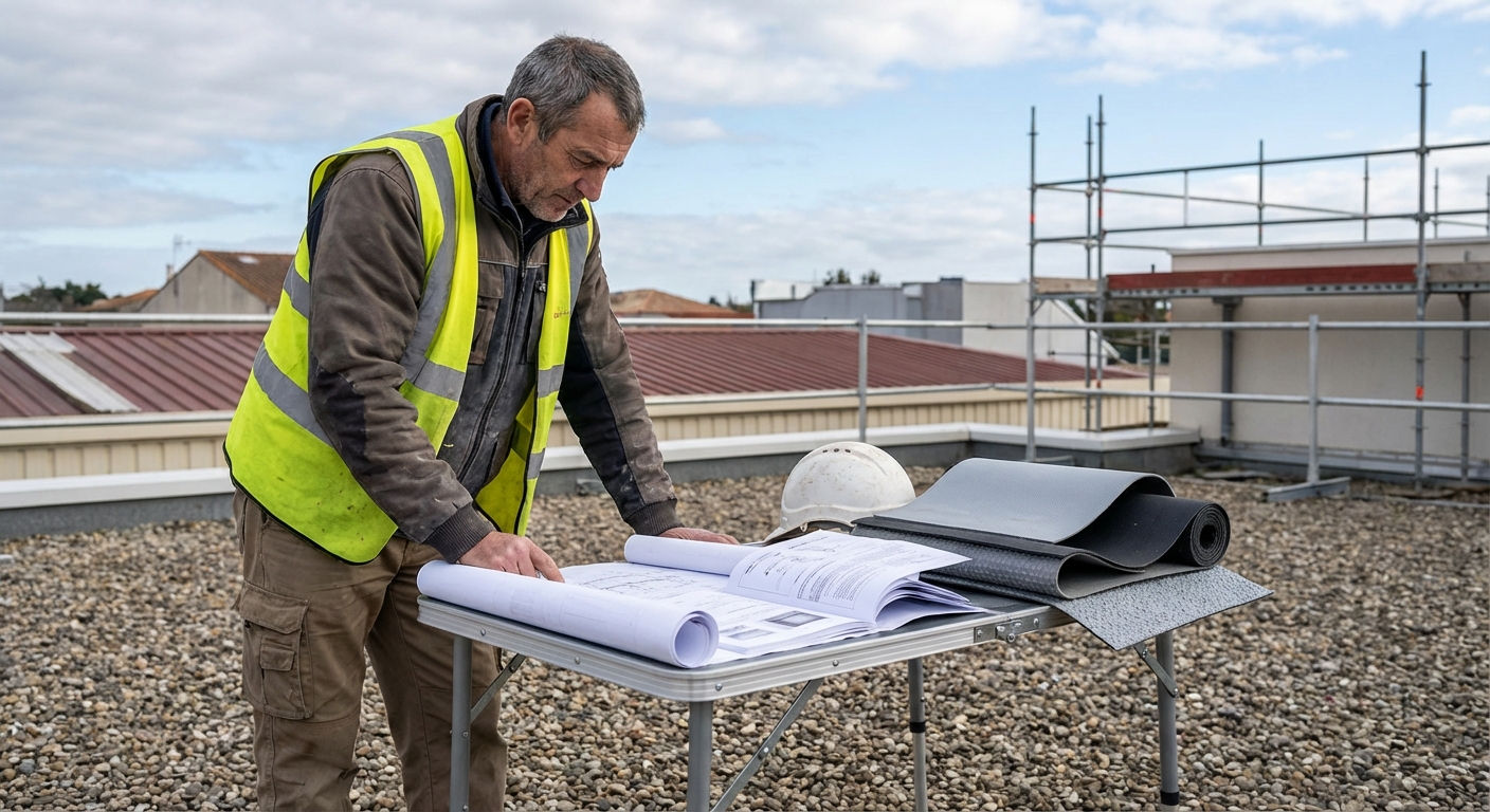 Étancheur consultant son attestation décennale sur un chantier