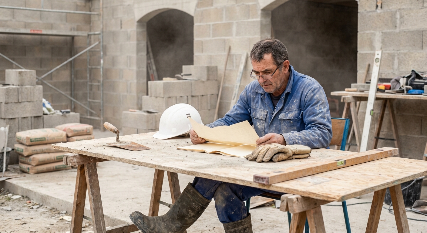 Maçon vérifiant son attestation décennale sur un chantier gros œuvre