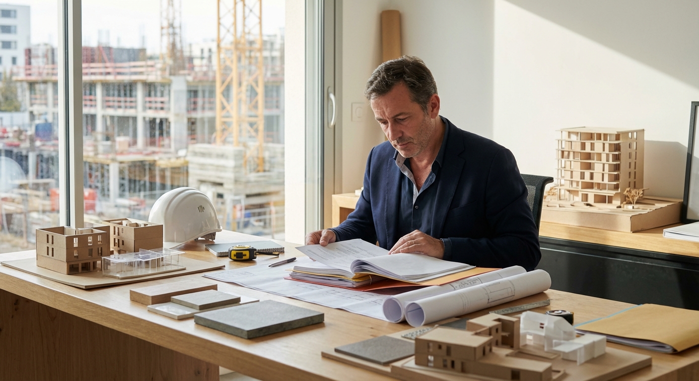 Maître d'œuvre vérifiant son attestation décennale avant un chantier