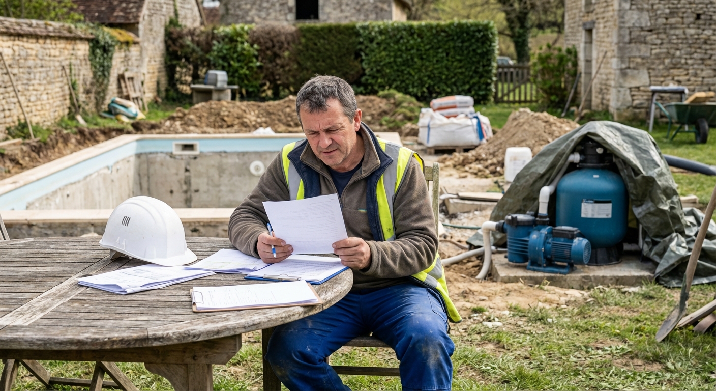 Pisciniste consultant son attestation décennale sur un chantier