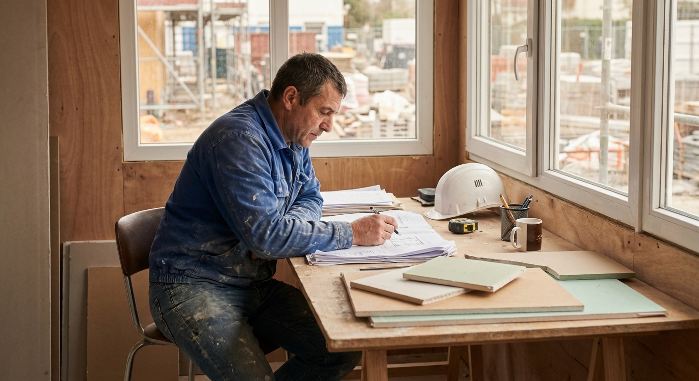 Plaquiste consultant son attestation décennale sur un chantier