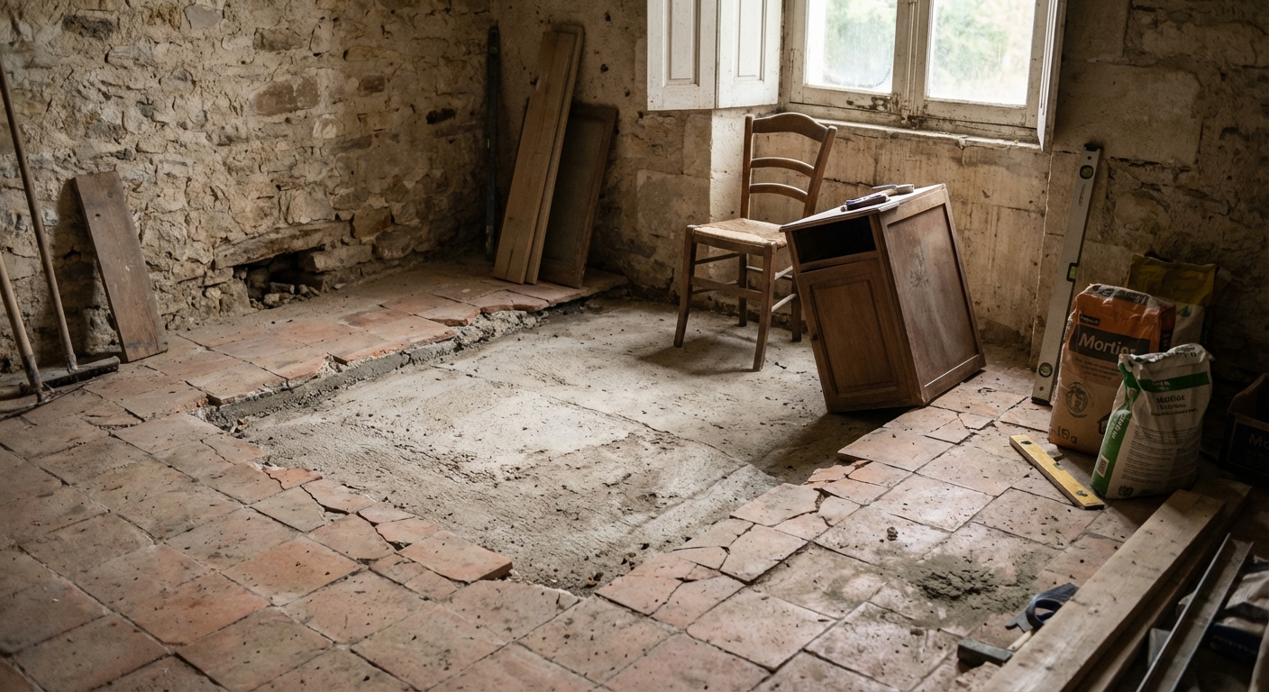 Affaissement de dalle béton fissuré sur un chantier