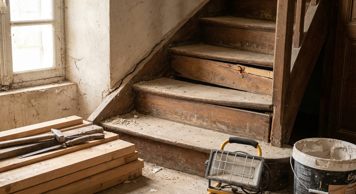 Escalier en bois affaissé suite à un défaut de pose