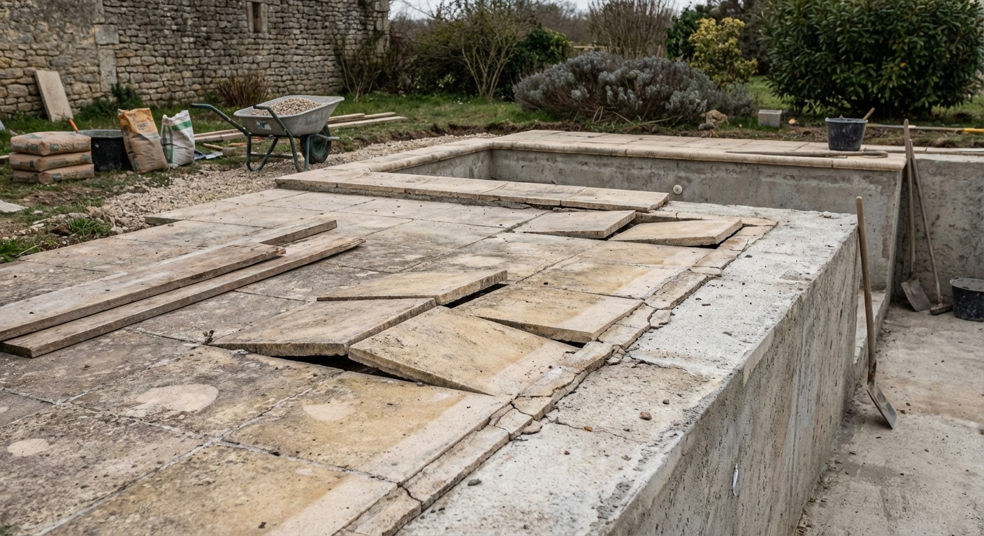Plage de piscine affaissée et fissurée