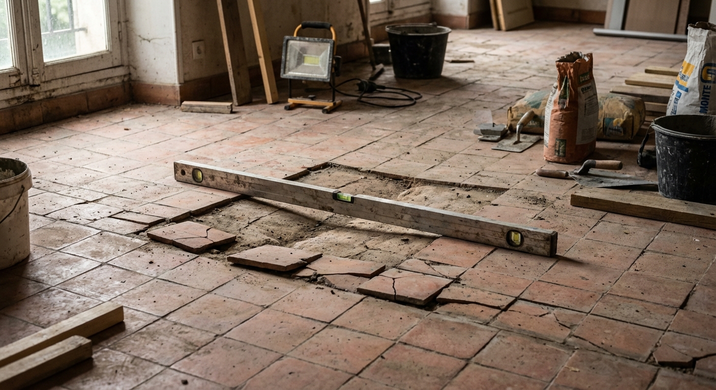 Carrelage affaissé et fissuré sur un sol mal préparé