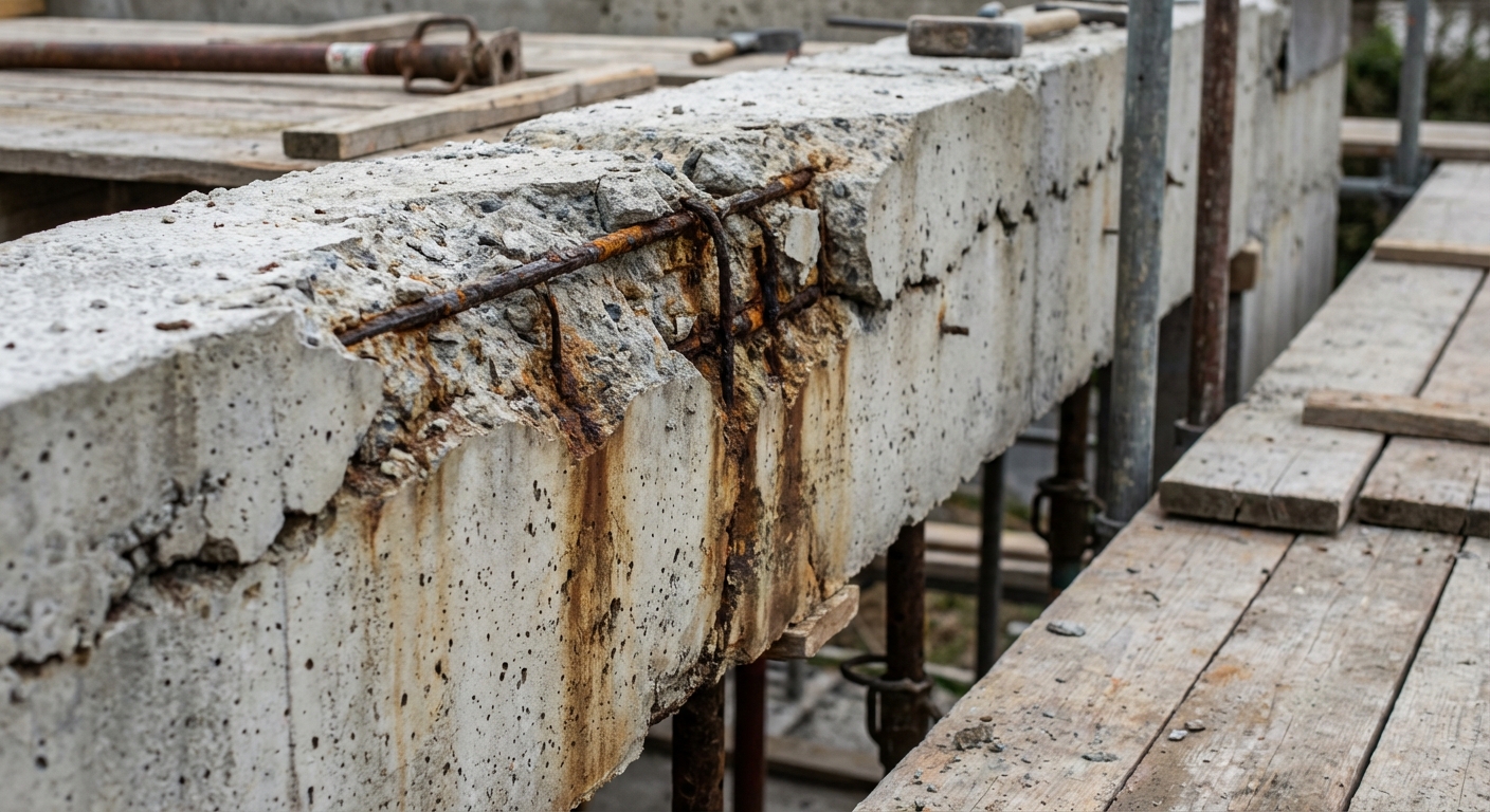 Carbonatation et éclatement du béton avec armatures corrodées