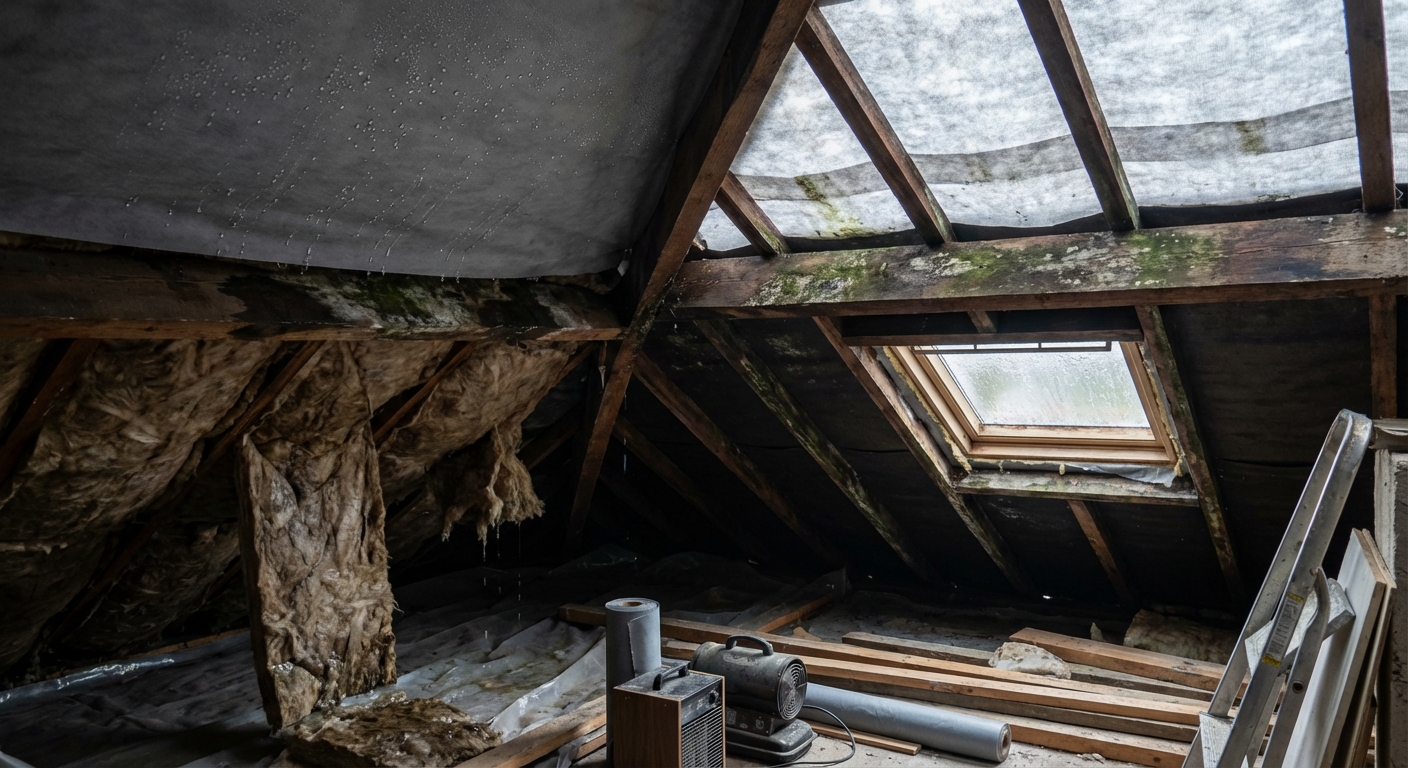 Condensation visible sous une toiture mal ventilée