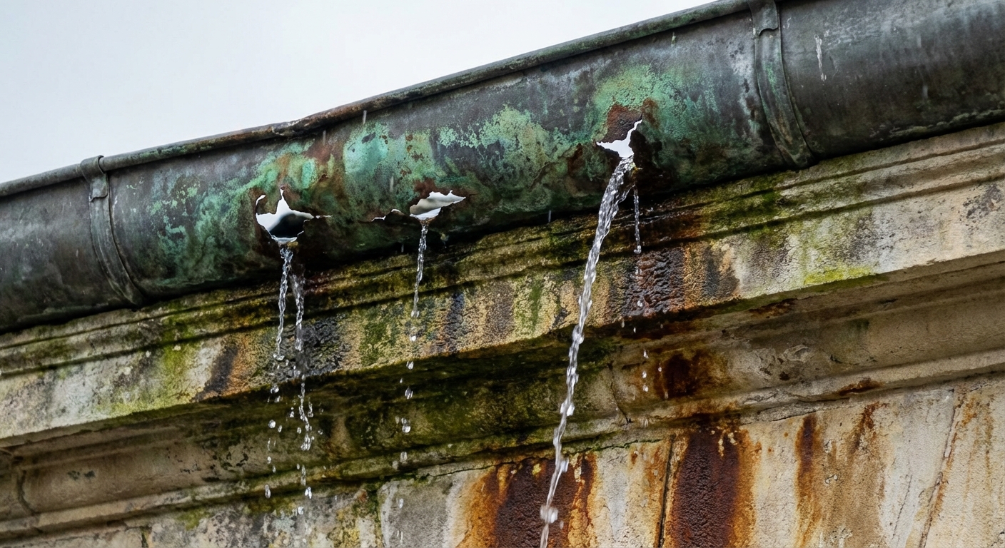 Gouttière intégrée corrodée causant des infiltrations