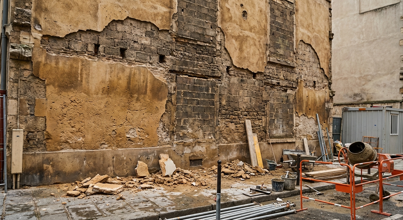 Décollement d'enduit de façade après ravalement par cordiste