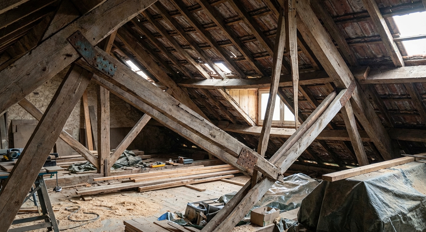 Fermettes déformées provoquant un affaissement de toiture