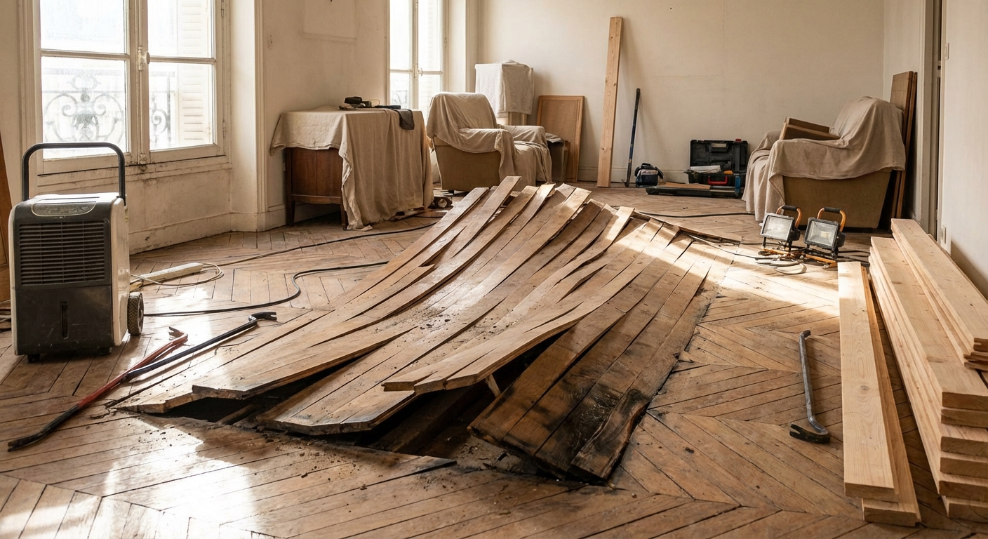 Déformation de parquet collé par remontées d'humidité