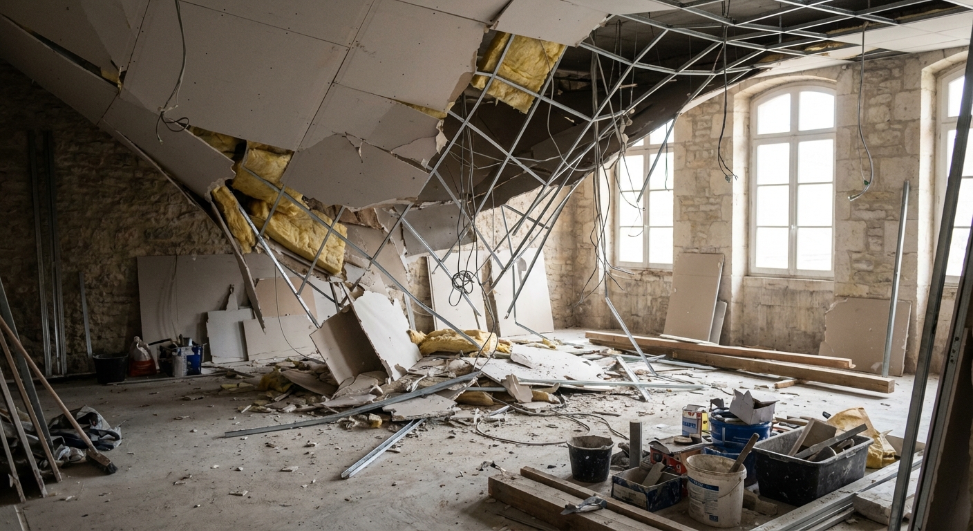 Faux-plafond en plaques de plâtre effondré