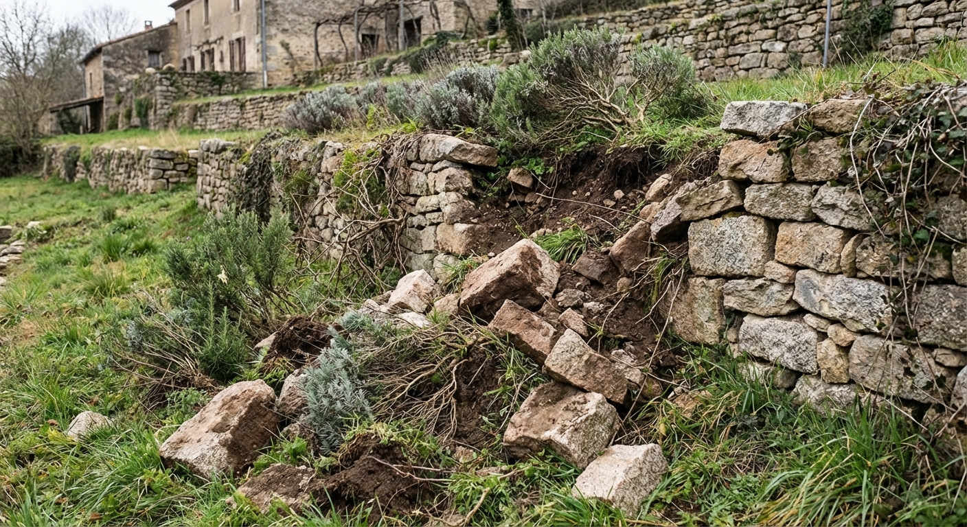 Mur de soutènement effondré dans un jardin
