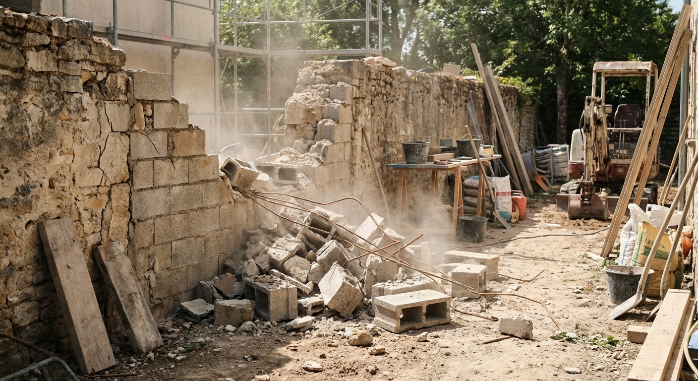 Effondrement partiel d'un mur de maçonnerie