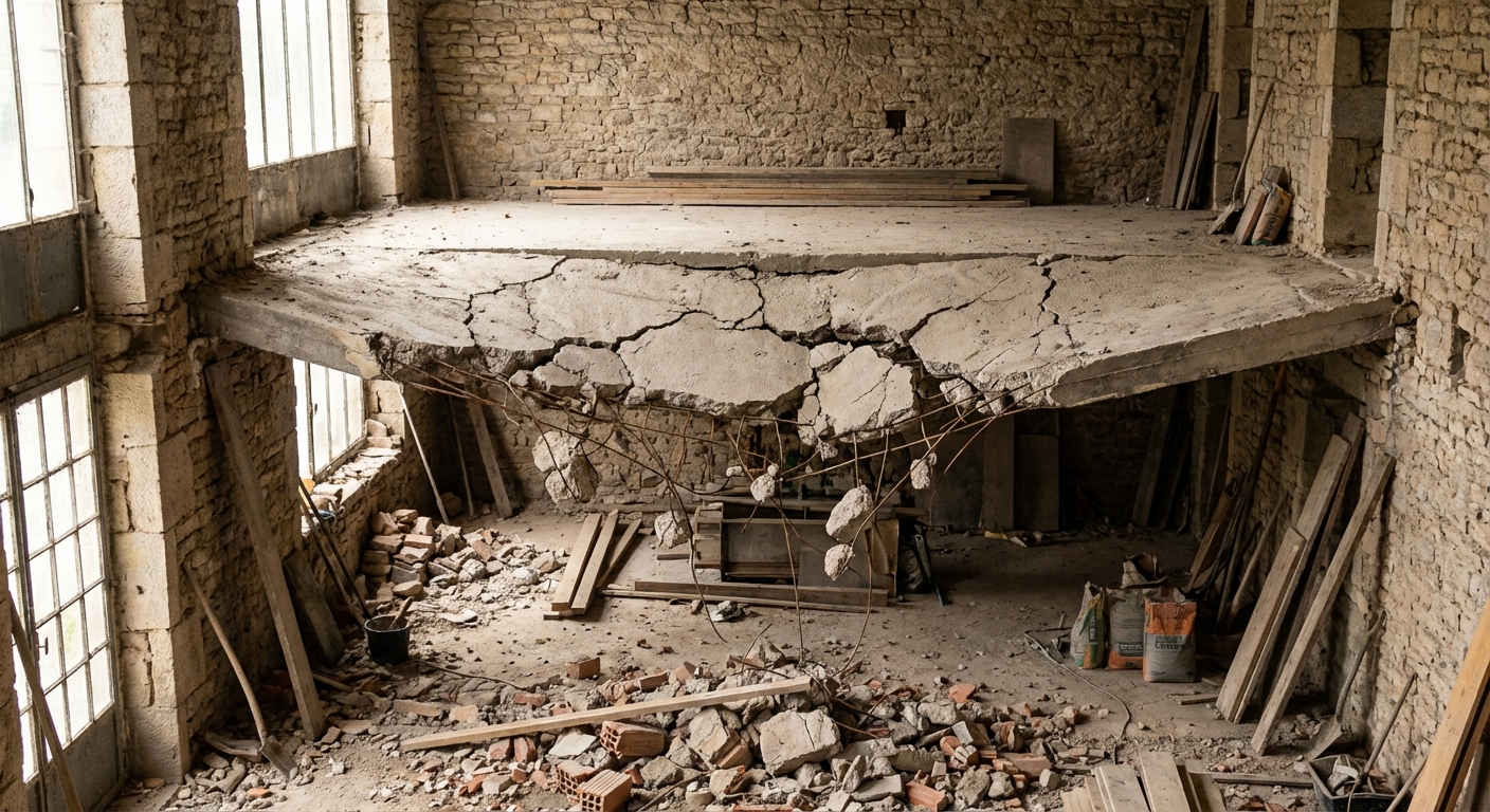 Plancher béton avec flèche excessive et risque d'effondrement