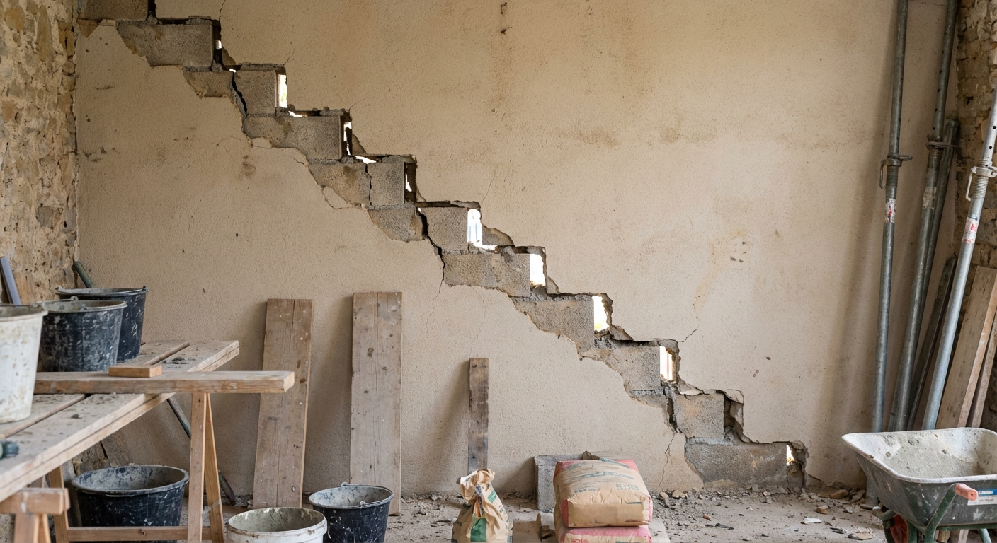 Fissures traversantes sur un mur porteur en parpaings