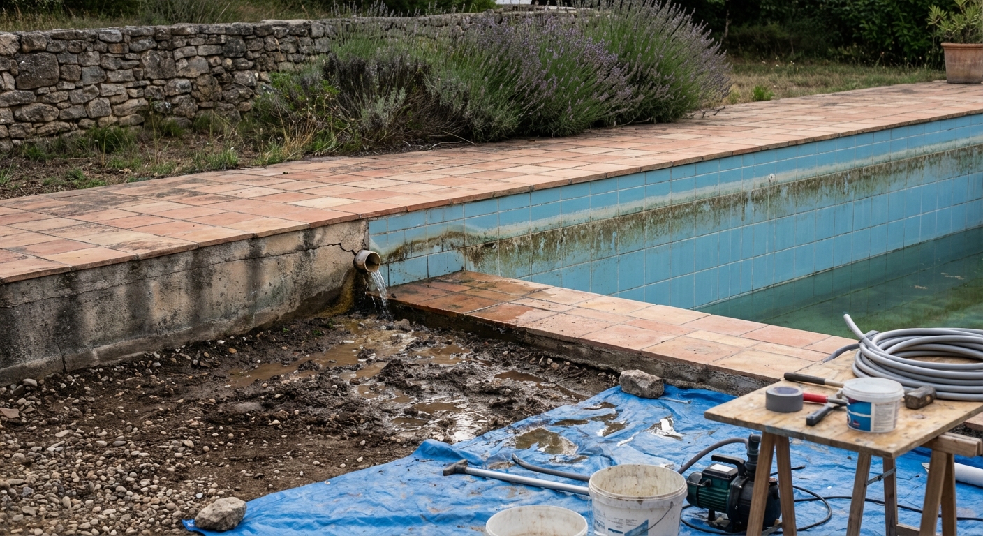 Bassin de piscine présentant une fuite d'eau importante