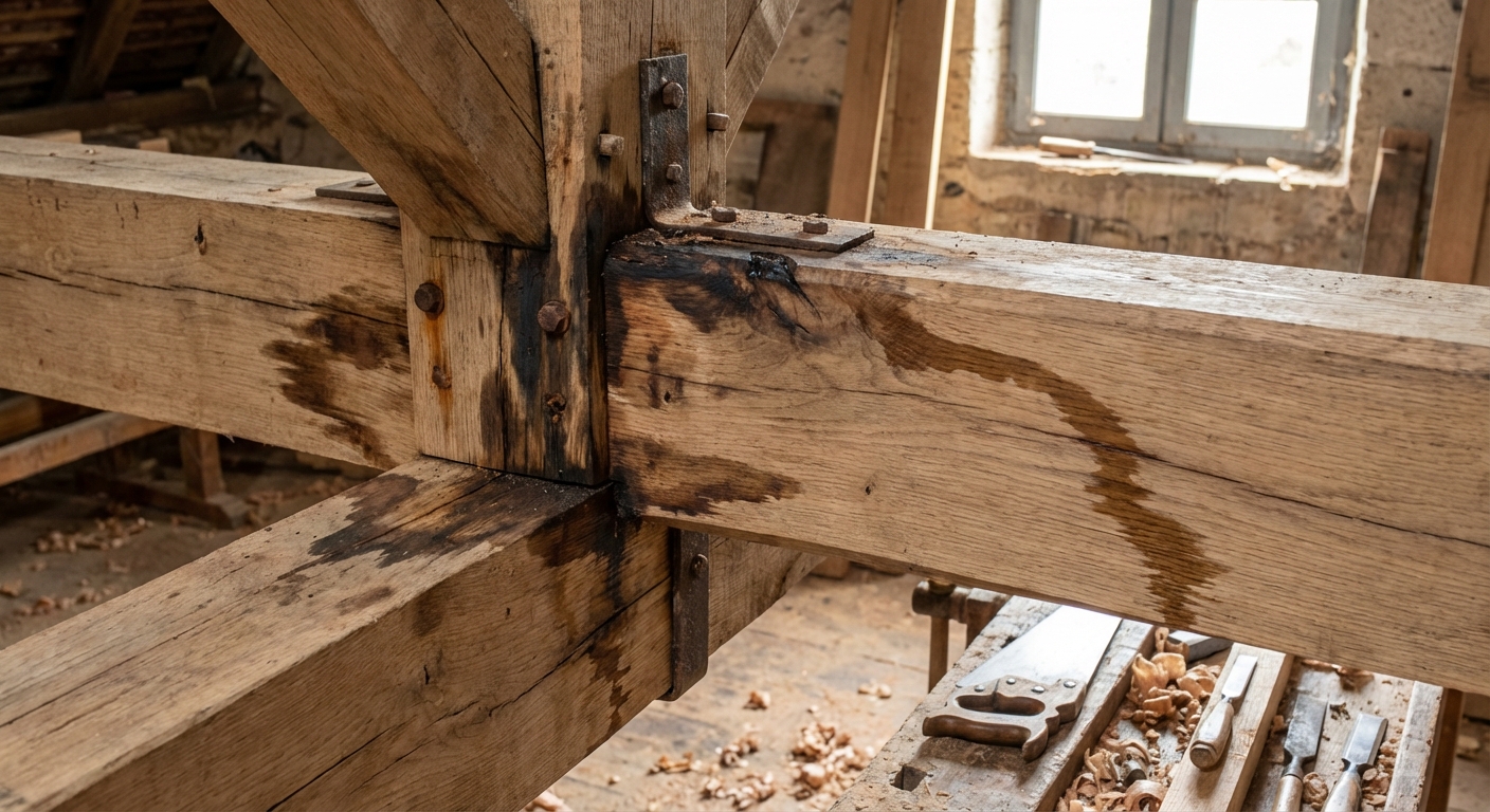 Infiltrations d'eau au niveau d'un assemblage de charpente