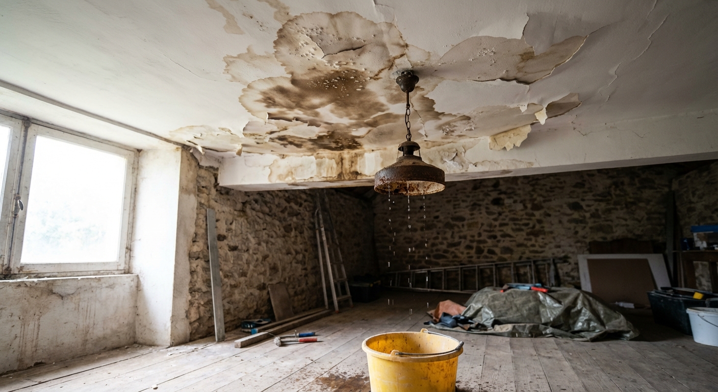 Infiltrations d'eau à travers une toiture mal posée