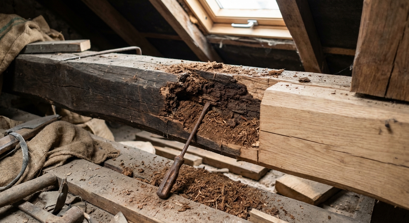 Poutre de charpente attaquée par la mérule