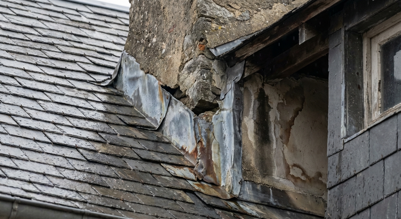 Infiltrations par solin de cheminée défaillant