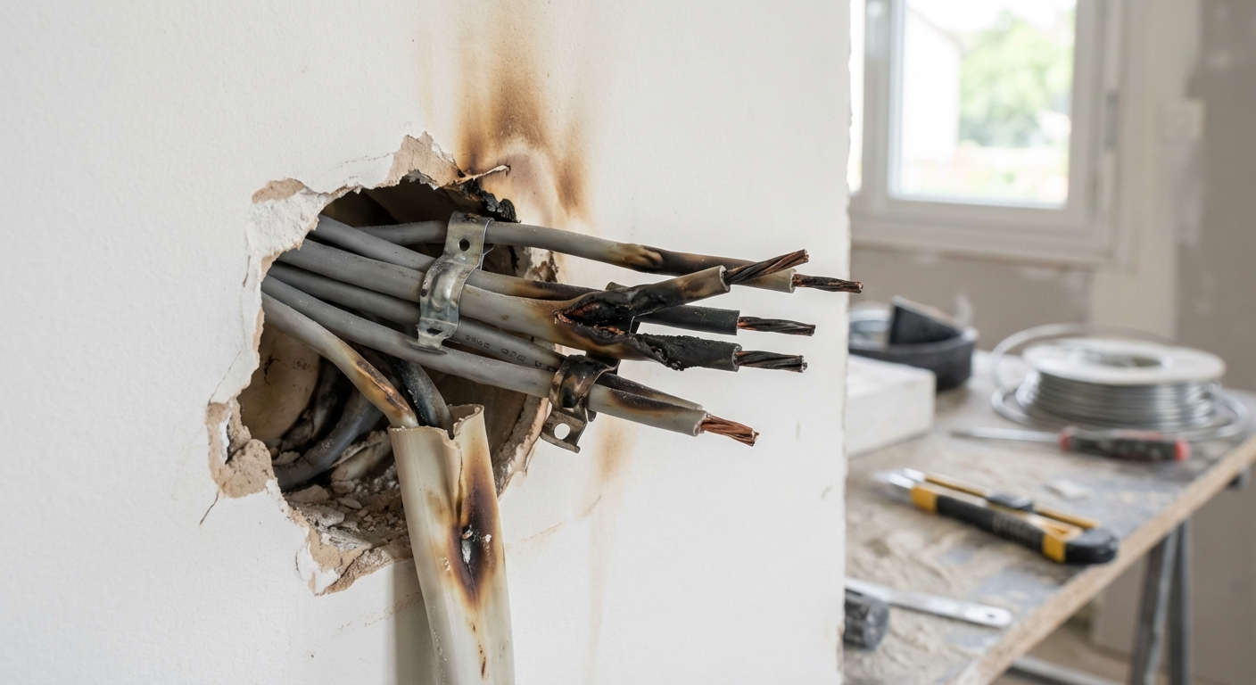 Surchauffe sur câblage électrique encastré dans un mur