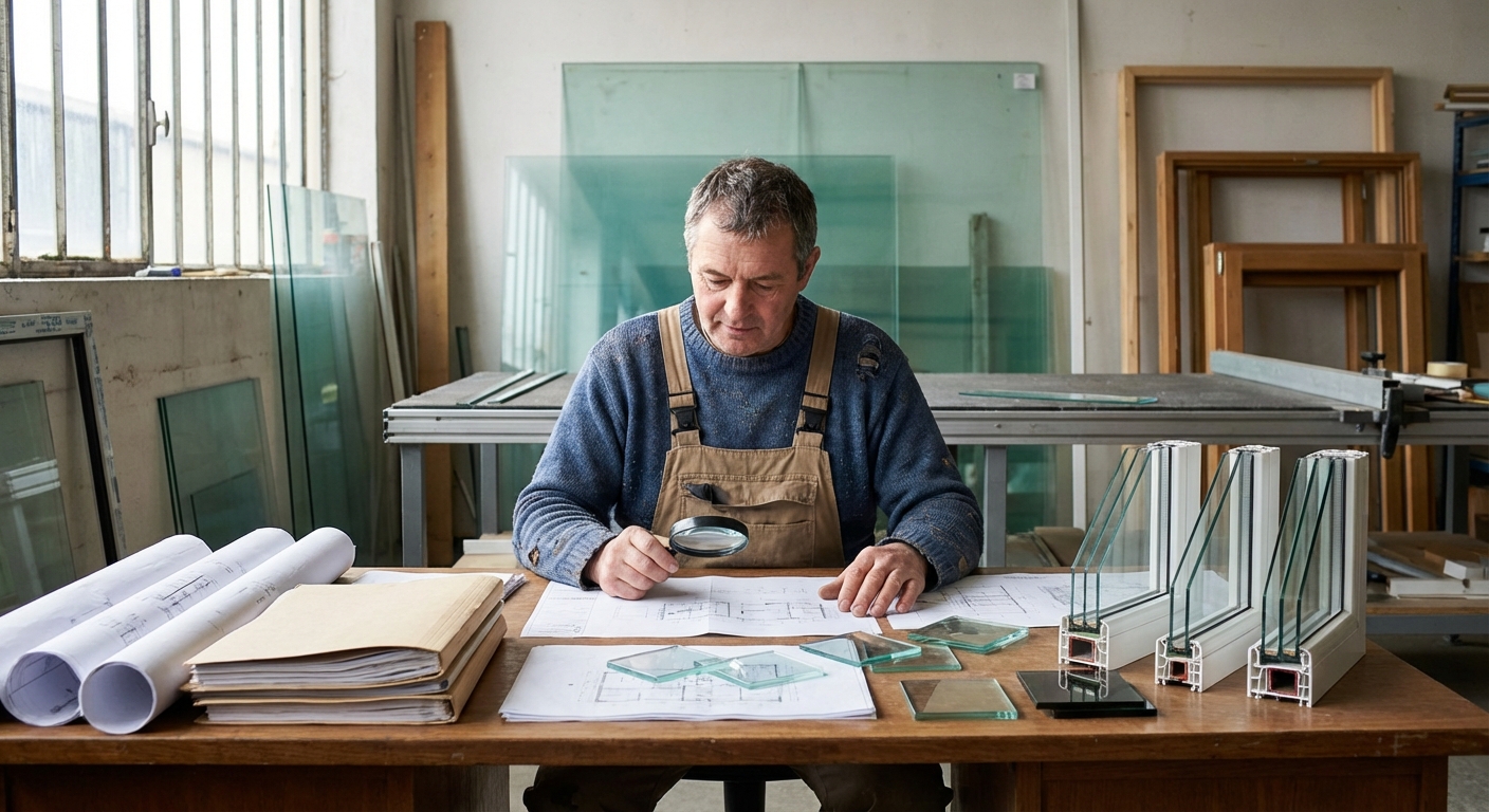 Vitrier-miroitier vérifiant son attestation décennale